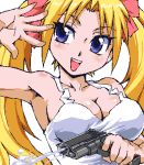  blonde_hair blue_eyes copyright_request hair_ribbon lowres oekaki ribbon solo tank_top water_gun wink 