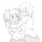  against_wall back blush gonzaburou hair_ornament hairclip kaname_madoka mahou_shoujo_madoka_magica miki_sayaka monochrome multiple_girls ribbon school school_uniform short_hair short_twintails tomatokuroneko twintails yuri 