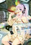  blush cd digital_media_player display eating floating_screen food glasses hachimoku headphones lavender_hair long_hair monitor off_shoulder original pajamas pizza sitting solo tongue 