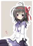  ahoge akemi_homura alternate_hairstyle black_hair black_legwear blush hair_ribbon magical_girl mahou_shoujo_madoka_magica pantyhose purple_eyes ribbon sakuraebi_chima short_hair solo violet_eyes 