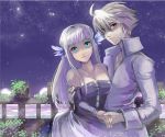  1girl ahoge blue_eyes breasts collarbone couple detached_sleeves dress dress_shirt gwendolyn hair_down hair_ornament hand_holding holding_hands long_hair miso_katsu night night_sky odin_sphere oswald red_eyes shirt short_hair silver_hair sky star_(sky) strapless_dress white_hair 