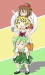  blonde_hair brown_hair carrying dai_(touhou_handdrawn) ex-keine green_hair hat highres horns human_tower kamen_rider kamen_rider_ooo_(series) kamishirasawa_keine long_hair lyrica_prismriver mary_janes red_eyes shoes short_hair shoulder_carry stacking tatoba_(ooo_combo) toramaru_shou touhou yellow_eyes 