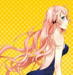  bad_id bare_shoulders dress from_behind long_hair megurine_luka pink_hair smile solo vocaloid yunco 