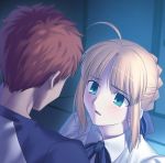  ahoge blonde_hair couple emiya_shirou fate/stay_night fate_(series) game_cg raglan_sleeves saber takeuchi_takashi type-moon 