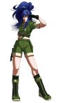 1girl blue_eyes blue_hair boots closed_mouth cross-laced_footwear earrings falcoon female full_body gloves highres jewelry king_of_fighters king_of_fighters_2003 leona_heidern lips long_hair midriff ponytail salute shorts simple_background sleeves_rolled_up snk solo standing white_background