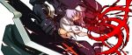  black_gloves blade breasts clenched_hands elbow_gloves fist gloves habit hair_over_one_eye lavender_hair m.u.g.e.n mugen_(game) nun nyal_lathotep original ouma_tokiichi red_eyes simple_background solo weapon white_hair 