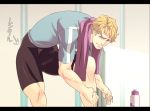  blonde_hair blue_eyes imasan keith_goodman letterboxed male shoes short_hair shorts sneakers solo tiger_&amp;_bunny towel 