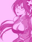  breasts cleavage glasses litchi_faye_ling long_hair ponytail purple tegaki 