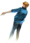  blonde_hair blue_eyes blue_jacket bomber_jacket from_behind jacket jeans keith_goodman male nicole short_hair simple_background solo standing tiger_&amp;_bunny 