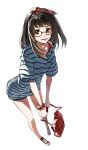  black_hair brown_eyes face glasses hairband highres justminor off_shoulder open_mouth original shirt simple_background solo striped striped_shirt 