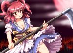 breasts cleavage diesel-turbo flower flowers hair_bobbles hair_ornament highres japanese_clothes large_breasts onozuka_komachi open_mouth red_eyes red_hair redhead scythe solo spider_lily thighs touhou weapon 