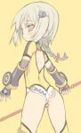  alternate_costume arm_warmers ass back blade_(artist) blade_(lovewn) blonde_hair blush bodysuit braid fingerless_gloves gloves hair_ornament hairclip huang_baoling looking_back polearm short_hair simple_background solo thigh-highs thighhighs tiger_&amp;_bunny weapon yellow_eyes 