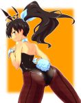  animal_ears ass bare_shoulders black_hair blue_eyes bunny_ears bunny_girl bunny_tail bunnysuit collar ganaha_hibiki idolmaster long_hair looking_back pantyhose ponytail shiny smile solo tail wrist_cuffs youhei_(testament) 