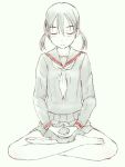  black_hair blush closed_eyes crossed_legs dhyana_mudra eyes_closed hair_ornament hairclip indian_style legs legs_crossed long_hair meditation monochrome mudra original school_uniform serafuku shimano_natsume simple_background sitting sketch skirt solo twintails 