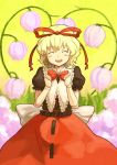  ^_^ blonde_hair blush bow closed_eyes doll_joints eyes_closed flower hair_bow hands_on_own_chest hands_to_chest medicine_melancholy shiba_murashouji shirt skirt smile solo touhou 