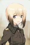  blonde_hair blue_eyes bust commentary erica_hartmann jacket lowres military military_uniform multicolored_hair shimada_fumikane short_hair smile solo strike_witches two-tone_hair uniform 