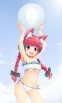  animal_ears armpits arms_up bad_id ball beachball bikini bow braid breasts cat_ears cloud colored fujy hair_bow highres kaenbyou_rin liong long_hair no_tail open_mouth orange_eyes red_eyes red_hair redhead ribbon sky solo swimsuit touhou twin_braids under_boob underboob 