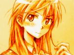  blush food fruit gertrud_barkhorn hair_tussle hair_twirling long_hair monochrome orange orange_(color) sepia sketch solo strike_witches traditional_media wavy_mouth 