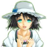  black_hair blue_eyes collarbone face hat libus open_mouth shiina_mayuri signature solo steins;gate 