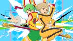  2girls ass blonde_hair bruce_lee's_jumpsuit chinese_clothes detached_sleeves dragon_kid dual_persona fighting_stance green_eyes green_hair hair_ornament hat highres huang_baoling kaisen lightning multiple_girls ponytail short_hair shorts staff thighhighs tiger_&amp;_bunny 