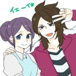  brown_hair fudou_akio green_eyes hair_bun inazuma_eleven inazuma_eleven_(series) inazuma_eleven_go jacket kudou_fuyuka long_hair lowres nurse purple_hair rey0 shirt smile striped striped_shirt 