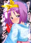 face fan hiiragi_tsukasa japanese_clothes kimono looking_back lucky_star purple_eyes purple_hair ribbon short_hair smile violet_eyes yukata yuubi 
