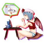  aneogyps armpits bat_wings blue_hair bow camisole computer hat kirisame_marisa panties pillow pocky red_eyes remilia_scarlet solo striped striped_panties stuffed_animal stuffed_toy teddy_bear touhou transparent_background underwear underwear_only wings 