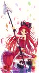  apple bag bare_shoulders boots bow food fruit grin hair_bow hao_(patinnko) kneeling long_hair magical_girl mahou_shoujo_madoka_magica paper_bag polearm ponytail red_eyes red_hair redhead ripples sakura_kyouko simple_background smile solo spear thigh-highs thighhighs water weapon 