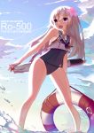  1girl :d blonde_hair blue_eyes character_name clouds crop_top flower hair_flower hair_ornament highres jun_project junp kantai_collection lifebuoy long_hair looking_to_the_side open_mouth ro-500_(kantai_collection) school_swimsuit smile solo sparkle swimsuit swimsuit_under_clothes tan tanline torpedo water 