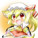  &gt;:3 :3 animal_ears arm_up ascot blonde_hair blush cat_ears cat_tail chibi fang flandre_scarlet hat kemonomimi_mode necktie open_mouth rebecca_(keinelove) rebecca_(naononakukoroni) red_eyes shirt skirt skirt_set solo tail the_embodiment_of_scarlet_devil touhou wings 