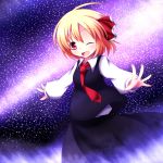  :d blonde_hair dark495 fang hair_ribbon kuroyume_(dark495) milky_way necktie night night_sky open_mouth outstretched_arms red_eyes ribbon rumia short_hair sky smile solo spread_arms star_(sky) starry_sky the_embodiment_of_scarlet_devil touhou wink youkai 