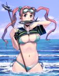  bad_id bikini blue_eyes breasts flying_fish goggles goggles_on_head hair_bobbles hair_ornament long_hair masao mouth_hold ocean original pink_hair solo swimsuit twintails water wet 