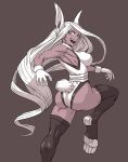  1girl animal_ears ass bare_shoulders black_legwear boku_no_hero_academia breasts bunny_tail dark_skin gloves grey_background highleg highleg_leotard highres large_breasts leg_up leotard long_hair looking_at_viewer looking_back mirko monochrome muscle muscular_female noneim open_mouth rabbit_ears simple_background smile solo tail thigh-highs very_long_hair white_gloves white_hair 