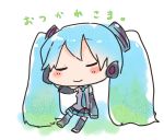 aqua_hair chibi closed_eyes detached_sleeves eyes_closed flower hand_on_headphones hatsune_miku headphones headset long_hair necktie no_nose solo thighhighs translated twintails ume_(plumblossom) very_long_hair vocaloid 