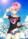  1girl blush bow bracelet clouds collarbone hair_bow heart idolmaster idolmaster_cinderella_girls jewelry jougasaki_mika kaen_(k-artworks) open_mouth palm_tree pink_hair short_hair short_shorts short_sleeves shorts sky smiley_face solo tree twintails wink yellow_eyes 