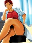  absurdres breasts brown_hair crossed_legs from_below highres labcoat legs_crossed original pleasure-treasure short_hair sitting skirt taut_shirt 