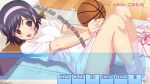  basketball blush eyecatch gym_uniform hairband kami_nomi_zo_shiru_sekai koutaro lying on_back open_mouth shirt_tug short_hair smile socks solo takahara_ayumi vaulting_horse white_legwear 