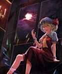  :p ascot bad_id blonde_hair cloud flandre_scarlet full_moon hat m-ya moon oil_painting_(medium) red_eyes red_sky short_hair side_ponytail sitting sky slit_pupils solo squinting the_embodiment_of_scarlet_devil tongue touhou traditional_media window wings wrist_cuffs 