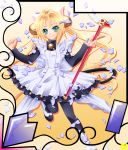  bell blonde_hair card_captor_sakura cardcaptor_sakura cat_ears cosplay dress fuuin_no_tsue green_eyes highres jingle_bell kinomoto_sakura kinomoto_sakura_(cosplay) long_hair magical_girl mizuki original pantyhose petals twintails wand 