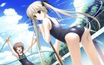  :o amatsume_akira armpits arms_up ass blonde_hair blush brown_hair chainlink_fence closed_eyes cloud dutch_angle eyes_closed fence game_cg grey_eyes hair_ribbon happy hashimoto_takashi highres hose kasugano_sora leaning_forward long_hair looking_back multiple_girls one-piece_swimsuit ribbon school_swimsuit short_hair swimsuit twintails very_long_hair water wet wet_clothes yosuga_no_sora 