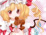  blonde_hair blush bow close close-up drill_hair face fang flandre_scarlet hat red_eyes ribbon side_ponytail smile solo stuffed_animal stuffed_toy teddy_bear the_embodiment_of_scarlet_devil touhou wings yuzuna99 