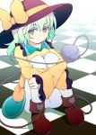  :/ bad_id checkered checkered_floor colored_eyelashes dise green_eyes green_hair hat highres komeiji_koishi leg_hug pantyhose silver_hair sitting solo touhou white_legwear 