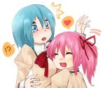  /\/\/\ 2girls ^_^ bad_id blue_eyes blue_hair blush closed_eyes eyes_closed hair_ribbon heart hug kaname_madoka mahou_shoujo_madoka_magica miki_sayaka multiple_girls open_mouth pink_hair ribbon runamatu school_uniform short_twintails surprised twintails 