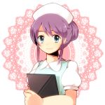  1802-shin clipboard hair_bun hat inazuma_eleven inazuma_eleven_(series) inazuma_eleven_go kudou_fuyuka nurse nurse_cap purple_hair smile yukishiro_(1802-shin) 
