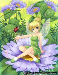  1girl bare_shoulders blonde_hair blue_eyes blush disney dress earrings fairy_wings flower hair_bun hair_ribbon indian_style jewelry ladybug leaf nishimata_aoi official_art outstretched_arm peter_pan peter_pan_(disney) ribbon sitting smile tinker_bell_(disney) tinkerbell wings 