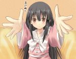  blush bow brown_eyes carry_me efe face foreshortening houraisan_kaguya incoming_hug long_hair outstretched_arms solo touhou translated translation_request 