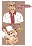  1boy artist_request cat english in_palm joke labcoat meowth ookido_yukinari pokemon pokemon_(creature) 