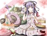  alternate_costume alternate_hairstyle bad_hands bangle bracelet cake candy cd crescent digital_media_player doughnut dress flower food fork fruit hair_ornament hairclip headphones jewelry kuroneko-w-b kuroneko_(fragrant_olive) lace mouth_hold patchouli_knowledge purple_eyes purple_hair sitting solo strap_slip strawberry touhou 