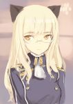  1girl blonde_hair bust cat_ears commentary glasses long_hair lowres military military_uniform perrine_h_clostermann shimada_fumikane solo strike_witches uniform yellow_eyes 