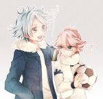  ball blue_eyes brothers fubuki_atsuya fubuki_shirou inazuma_eleven inazuma_eleven_(series) inazuma_eleven_go jacket maico_(a218) petting pink_hair scarf short_hair siblings soccer_ball twins white_hair 